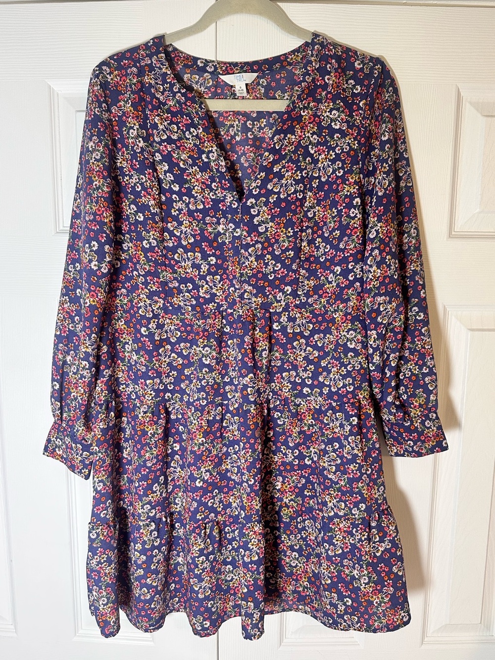 Floral Navy Tiered Long-Sleeve V-Neck Dress
